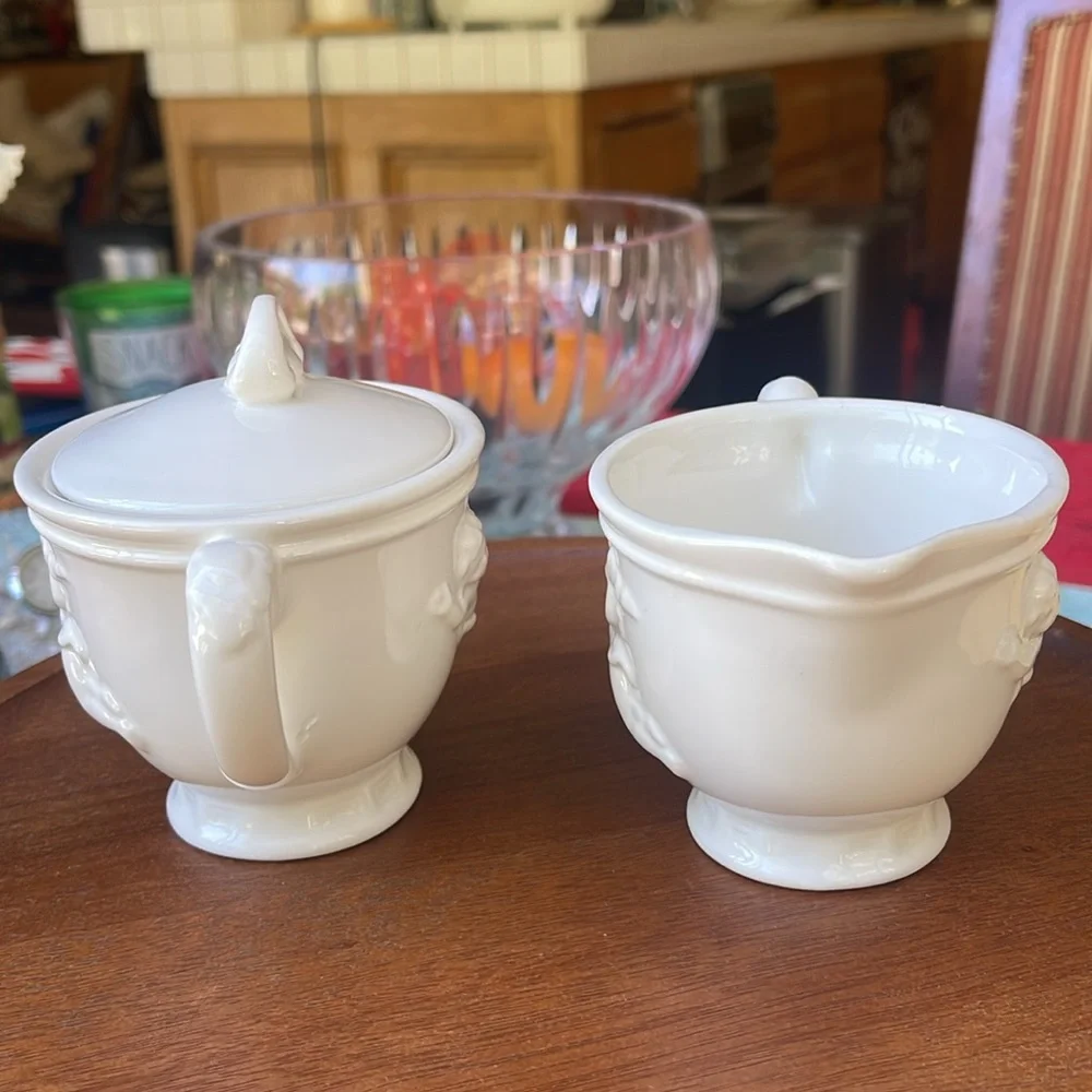 Rare Vintage White Cherub Sugar Bowl and Creamer Set